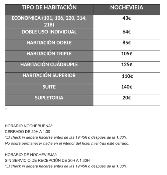 Tarifas y horarios del Hotel en Navidad 2025